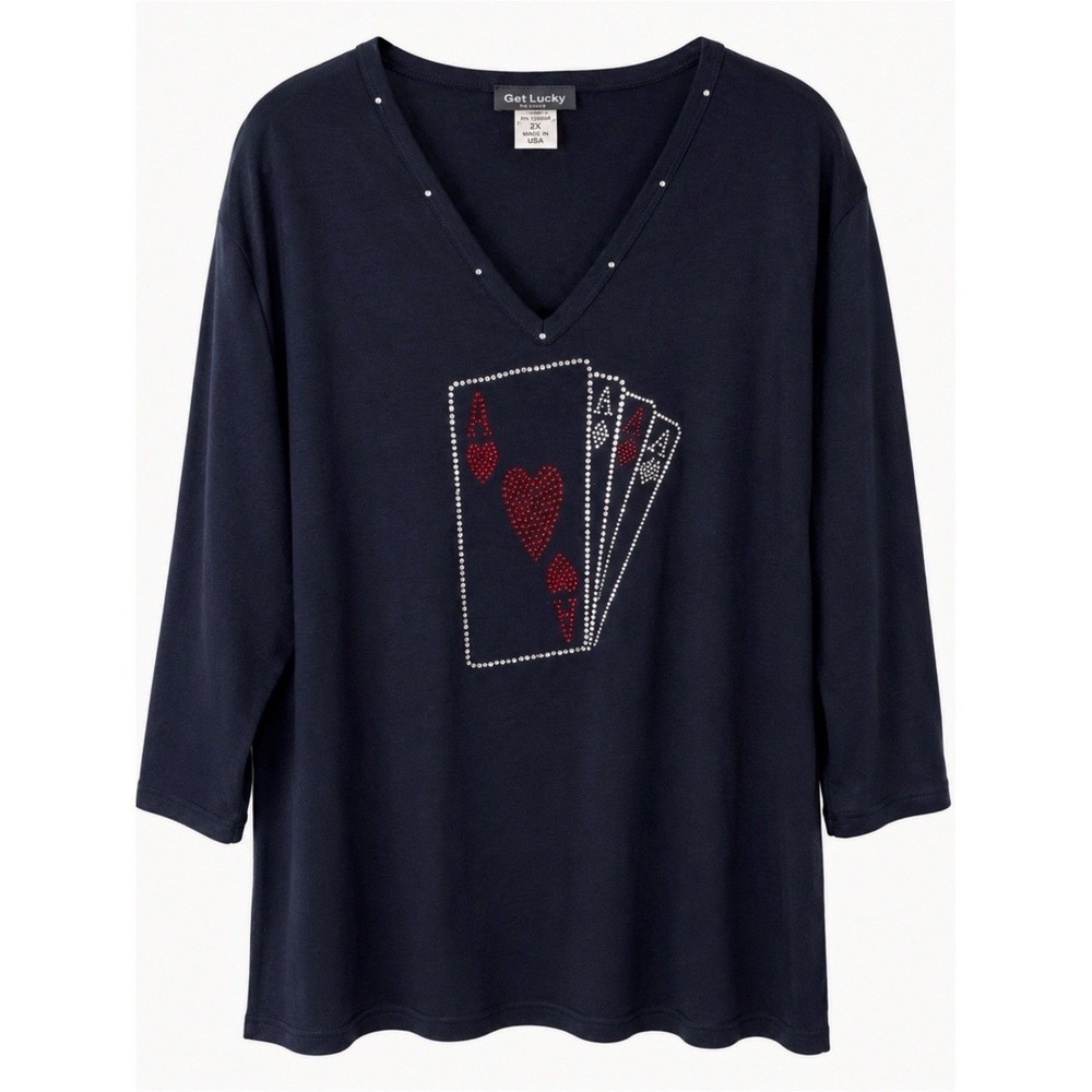 Get Lucky USA 2X Black Rhinestone Playing Cards Tunic Top Vegas Casino PlusY2K